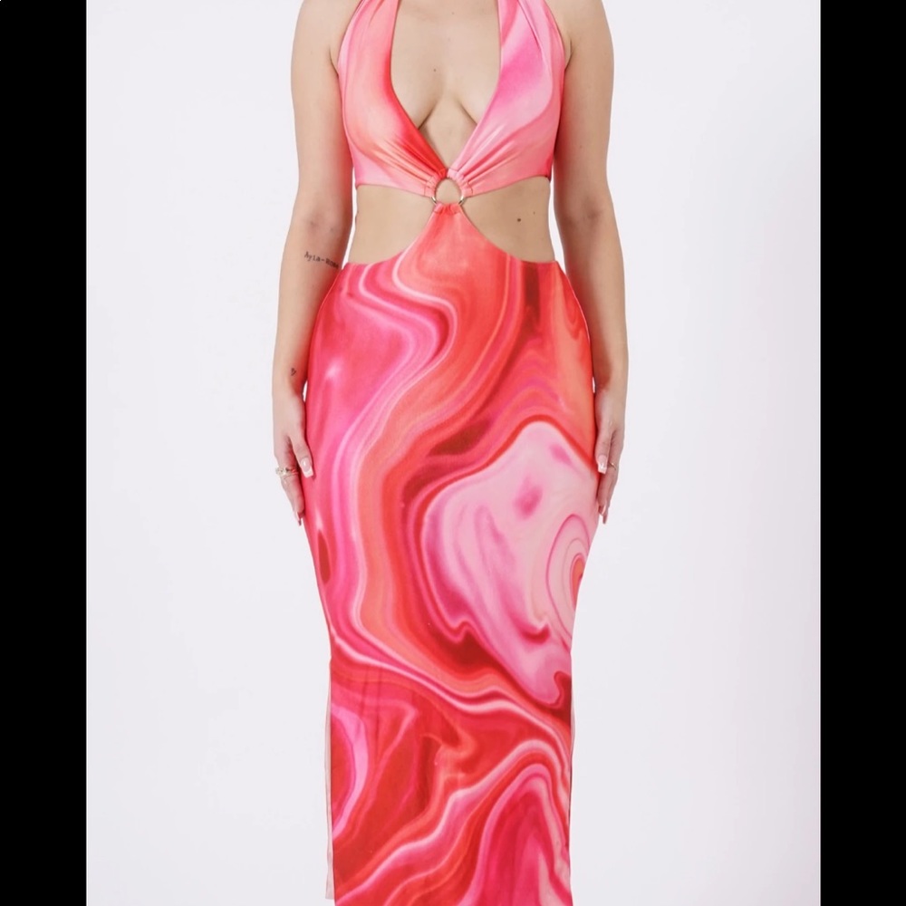 Y2K Abstract Tie Dye Cutout High Split Midi Dress